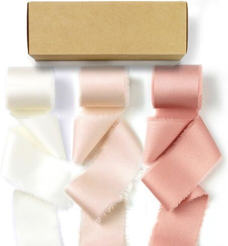 شريط من الساتان الحريري من Cekene مقاس 1-1/2 بوصة × 20 ياردة من الذهب الوردي والأبيض الكريمي شرائط متوترة مصنوعة يدويًا شريط قماش هامشي صلب لتغليف الهدايا وحفلات الزفاف وصناعة القوس، 4 لفات in Kuwait