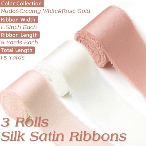 شريط من الساتان الحريري من Cekene مقاس 1-1/2 بوصة × 20 ياردة من الذهب الوردي والأبيض الكريمي شرائط متوترة مصنوعة يدويًا شريط قماش هامشي صلب لتغليف الهدايا وحفلات الزفاف وصناعة القوس، 4 لفات in Kuwait