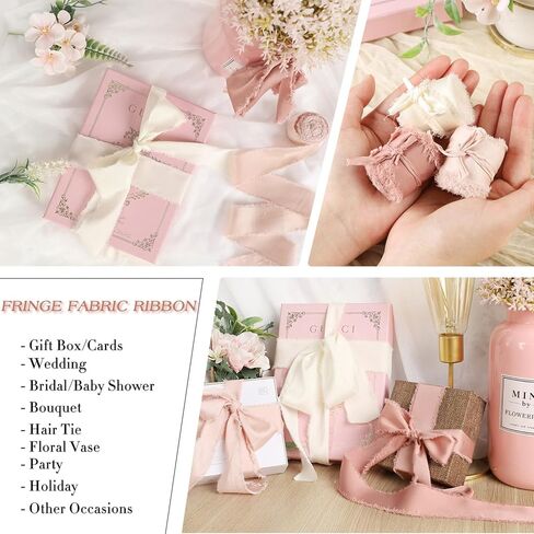 شريط من الساتان الحريري من Cekene مقاس 1-1/2 بوصة × 20 ياردة من الذهب الوردي والأبيض الكريمي شرائط متوترة مصنوعة يدويًا شريط قماش هامشي صلب لتغليف الهدايا وحفلات الزفاف وصناعة القوس، 4 لفات in Kuwait