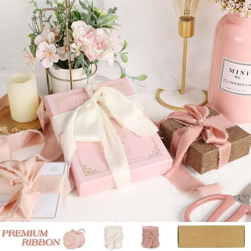 شريط من الساتان الحريري من Cekene مقاس 1-1/2 بوصة × 20 ياردة من الذهب الوردي والأبيض الكريمي شرائط متوترة مصنوعة يدويًا شريط قماش هامشي صلب لتغليف الهدايا وحفلات الزفاف وصناعة القوس، 4 لفات in Kuwait