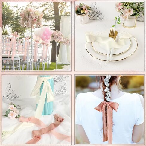 شريط من الساتان الحريري من Cekene مقاس 1-1/2 بوصة × 20 ياردة من الذهب الوردي والأبيض الكريمي شرائط متوترة مصنوعة يدويًا شريط قماش هامشي صلب لتغليف الهدايا وحفلات الزفاف وصناعة القوس، 4 لفات in Kuwait