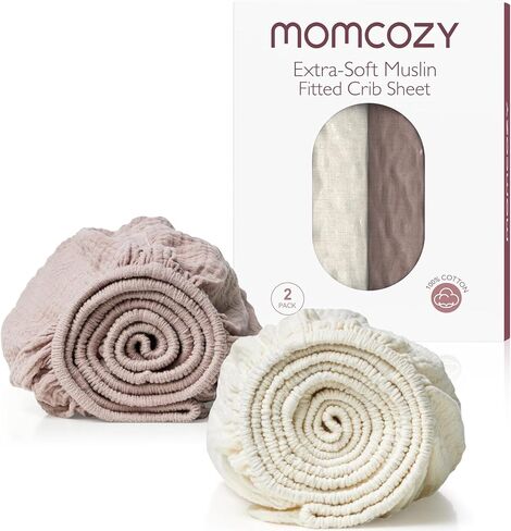 Momcozy ملاءة سرير ملائمة من الموسلين، عبوتان من القطن الطبيعي الناعم المسامي مقاس 91.44 سم × 66.04 سم، ملاءة مرتبة للأطفال، تغليف مرتبة 360 درجة مانعة للانزلاق للأولاد والبنات، ملاءة سرير محايدة للأطفال الصغار، مقاس متوسط، بيج أحمر داكن in Kuwait