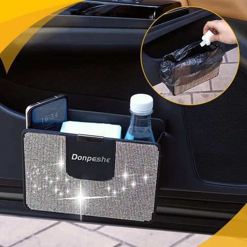 Donpeshe Bling Car Door Storage Box Rhinestones Leather Car Trash Can Small Car Seat Side/Back Hanging Organize Small Miscellaneous Container in Saudi Arabia