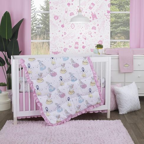 Disney Little Princess Stars & Hearts Cinderella, Snow White, Belle & Aurora 6Piece Nursery Crib Bedding Set, Pink, Blue, Yellow, White in Saudi Arabia
