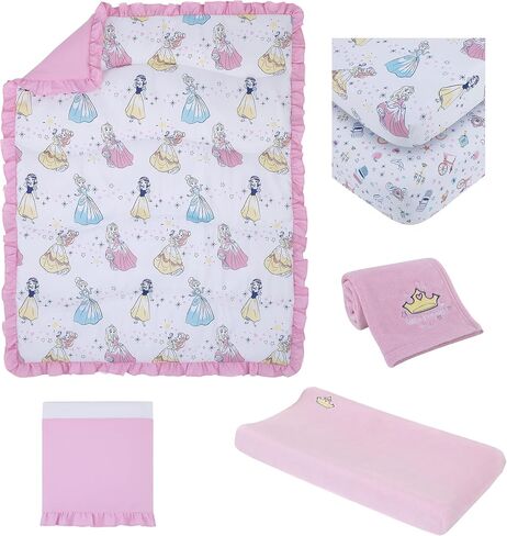 Disney Little Princess Stars & Hearts Cinderella, Snow White, Belle & Aurora 6Piece Nursery Crib Bedding Set, Pink, Blue, Yellow, White in Saudi Arabia