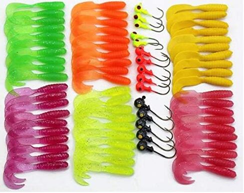 Fishing Lure Grub Maggots 60pcs Hooks 15pcs, Fish Lure Maggots with Lead Head Hooks Grubs in Kuwait