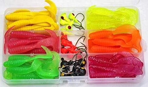 Fishing Lure Grub Maggots 60pcs Hooks 15pcs, Fish Lure Maggots with Lead Head Hooks Grubs in Kuwait