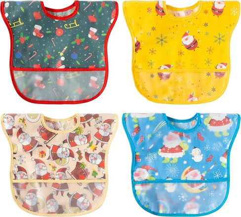 4 قطع من مرايل تغذية الأطفال في عيد الميلاد للأطفال الصغار، مجموعة مريلة مقاومة للماء مع جيب لالتقاط الفتات للرضع، مريلة طعام قابلة للتعديل للتسنين، هدية تذكارية لعيد الميلاد، من 6 إلى 12 شهرًا in Kuwait