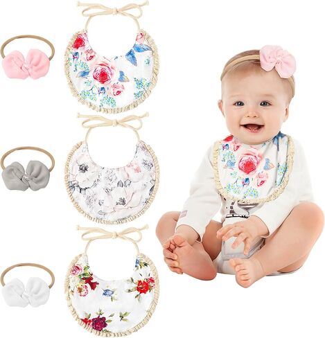 6 قطع من مرايل تغذية الأطفال من قطن الموسلين من Zainpe مع مجموعة عصابة رأس على شكل زهور ودانتيل قابل للتعديل مريلة لعاب بوهو للأطفال، أقمشة تجشؤ ناعمة وماصة للفتيات الرضع حديثي الولادة والأطفال الصغار في مرحلة التسنين in Kuwait