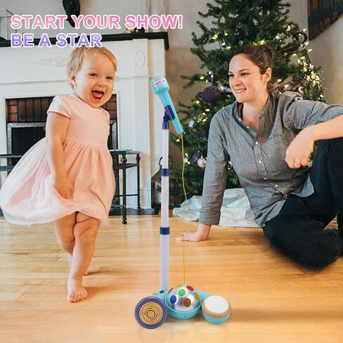 Hiitytin Kids Karaoke Microphone with Adjustable Stand, Music Sing Along with Flashing Stage Lights for Fun Musical Effects, Toddler Microphone with Stand, Gift for Age 3+ Years Old Girls Boys in Kuwait