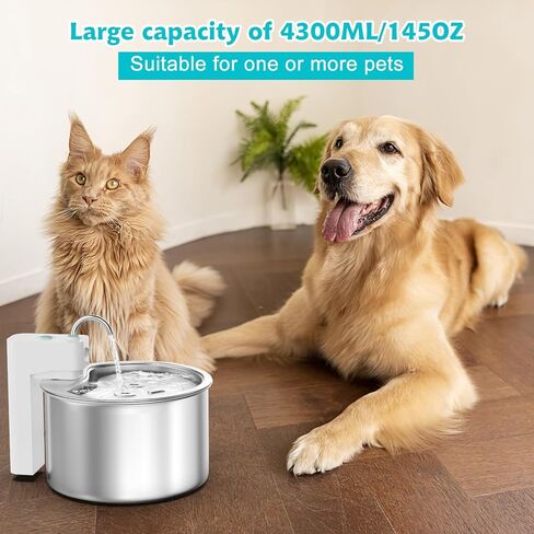 نافورة مياه من الفولاذ المقاوم للصدأ للقطط - نافورة مياه سعة 145 أونصة/4.3 لتر للقطط بالداخل، موزع مياه أوتوماتيكي للقطط والكلاب مع مضخة ذكية للقطط والكلاب والحيوانات الأليفة المتعددة in Kuwait