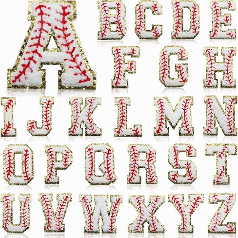 26 Pieces Baseball Chenille Letters Iron on Patches, Baseball Patterned Varsity Letter Patch - Alphabet Cute Adhesive Embroidered Appliques Gold Glitter Trimmed Sew On Patch for Clothing Clothes in Kuwait