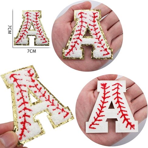 26 Pieces Baseball Chenille Letters Iron on Patches, Baseball Patterned Varsity Letter Patch - Alphabet Cute Adhesive Embroidered Appliques Gold Glitter Trimmed Sew On Patch for Clothing Clothes in Kuwait