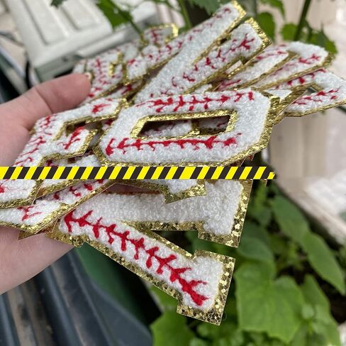 26 Pieces Baseball Chenille Letters Iron on Patches, Baseball Patterned Varsity Letter Patch - Alphabet Cute Adhesive Embroidered Appliques Gold Glitter Trimmed Sew On Patch for Clothing Clothes in Kuwait