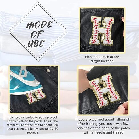 26 Pieces Baseball Chenille Letters Iron on Patches, Baseball Patterned Varsity Letter Patch - Alphabet Cute Adhesive Embroidered Appliques Gold Glitter Trimmed Sew On Patch for Clothing Clothes in Kuwait