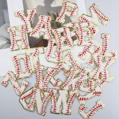 26 Pieces Baseball Chenille Letters Iron on Patches, Baseball Patterned Varsity Letter Patch - Alphabet Cute Adhesive Embroidered Appliques Gold Glitter Trimmed Sew On Patch for Clothing Clothes in Kuwait