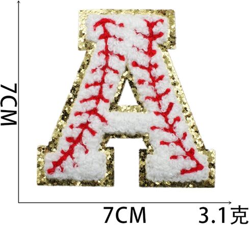 26 Pieces Baseball Chenille Letters Iron on Patches, Baseball Patterned Varsity Letter Patch - Alphabet Cute Adhesive Embroidered Appliques Gold Glitter Trimmed Sew On Patch for Clothing Clothes in Kuwait