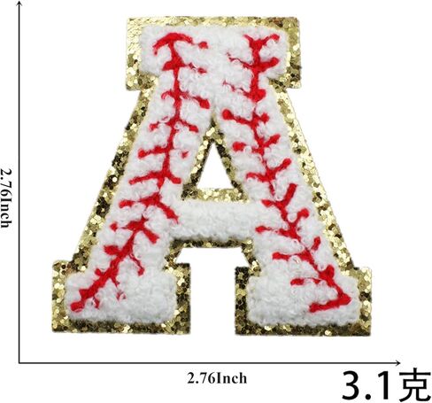 26 Pieces Baseball Chenille Letters Iron on Patches, Baseball Patterned Varsity Letter Patch - Alphabet Cute Adhesive Embroidered Appliques Gold Glitter Trimmed Sew On Patch for Clothing Clothes in Kuwait