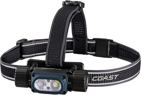 Coast WPH34R 2000 Lumen مقاوم للماء فائق السطوع IP68 USB قابل لإعادة الشحن - مصباح أمامي مزدوج الطاقة، 6 أوضاع مع عوارض بقعة وفيضانات، أزرق/أسود in Kuwait