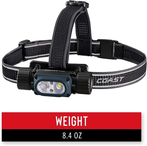 Coast WPH34R 2000 Lumen مقاوم للماء فائق السطوع IP68 USB قابل لإعادة الشحن - مصباح أمامي مزدوج الطاقة، 6 أوضاع مع عوارض بقعة وفيضانات، أزرق/أسود in Kuwait