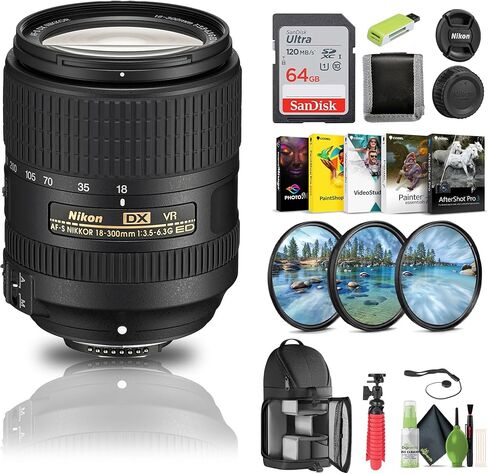 عدسة Nikon AF-S DX NIKKOR مقاس 18-300 مم وببؤرة f/3.5-6.3G ED VR (2216) + بطاقة ذاكرة سعة 64 جيجابايت + مجموعة مرشح + حقيبة ظهر + قارئ بطاقات + برنامج Corel للصور + حامل ثلاثي القوائم مرن + محفظة ذاكرة + حافظة للأغطية + مجموعة تنظيف in Kuwait