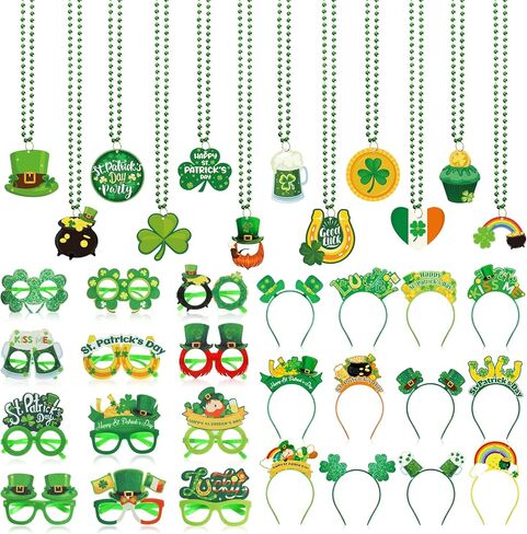 Herdear 36 قطعة مجموعة هدايا حفلات عيد القديس باتريك، نظارات شامروك محظوظة، عقد من الخرز، عصابات رأس أيرلندية خضراء، لوازم إكسسوارات تنكرية لحفلات عيد القديس باتريك، دعامات كشك الصور للأطفال الأولاد والبنات in Kuwait