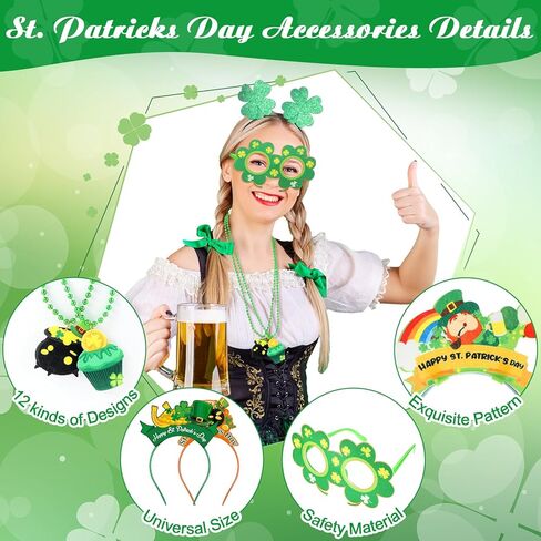 Herdear 36 قطعة مجموعة هدايا حفلات عيد القديس باتريك، نظارات شامروك محظوظة، عقد من الخرز، عصابات رأس أيرلندية خضراء، لوازم إكسسوارات تنكرية لحفلات عيد القديس باتريك، دعامات كشك الصور للأطفال الأولاد والبنات in Kuwait