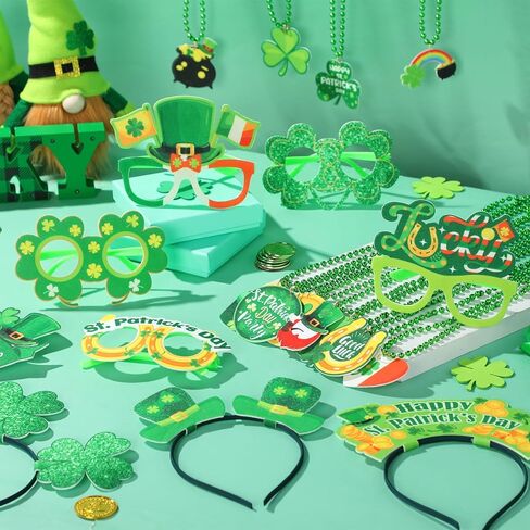 Herdear 36 قطعة مجموعة هدايا حفلات عيد القديس باتريك، نظارات شامروك محظوظة، عقد من الخرز، عصابات رأس أيرلندية خضراء، لوازم إكسسوارات تنكرية لحفلات عيد القديس باتريك، دعامات كشك الصور للأطفال الأولاد والبنات in Kuwait