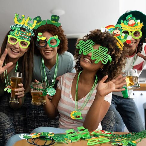 Herdear 36 قطعة مجموعة هدايا حفلات عيد القديس باتريك، نظارات شامروك محظوظة، عقد من الخرز، عصابات رأس أيرلندية خضراء، لوازم إكسسوارات تنكرية لحفلات عيد القديس باتريك، دعامات كشك الصور للأطفال الأولاد والبنات in Kuwait