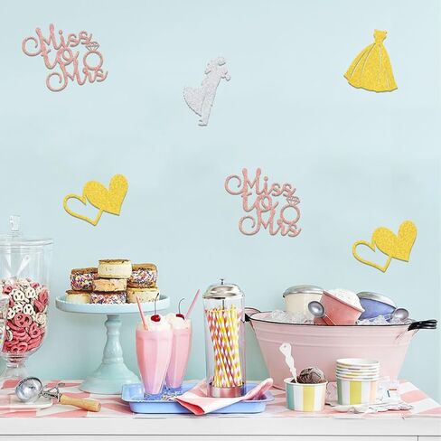 عصي مركزية من Miss to Mrs، ديكورات حفلات الزفاف، ديكور حفلات خطوبة الزفاف، أغطية طاولات Miss to Mrs مع مستلزمات حفلات العزوبية على شكل قلب وردي وذهبي وفضي وذهبي 12 قطعة in Kuwait