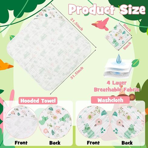 2ooya 4Pcs Muslin Baby Hooded Towel & Washcloth Set Green Bear Cotton Absorbent Bath Towels Blanket with Hood Newborn Toddlers Infant Boys Girls Shower Gift for Baby Cleanups and Bathing in Kuwait