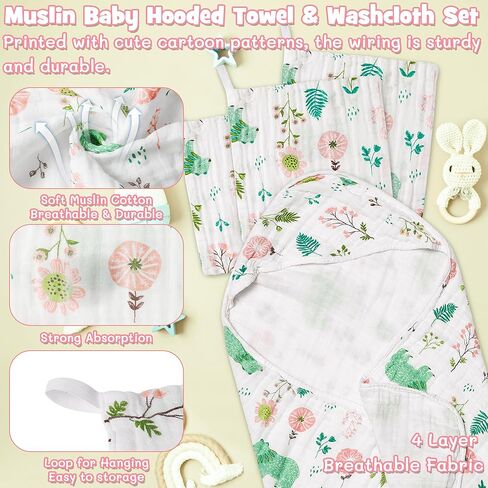 2ooya 4Pcs Muslin Baby Hooded Towel & Washcloth Set Green Bear Cotton Absorbent Bath Towels Blanket with Hood Newborn Toddlers Infant Boys Girls Shower Gift for Baby Cleanups and Bathing in Kuwait