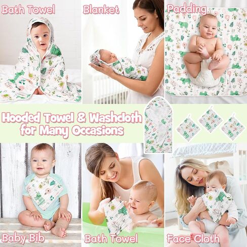 2ooya 4Pcs Muslin Baby Hooded Towel & Washcloth Set Green Bear Cotton Absorbent Bath Towels Blanket with Hood Newborn Toddlers Infant Boys Girls Shower Gift for Baby Cleanups and Bathing in Kuwait