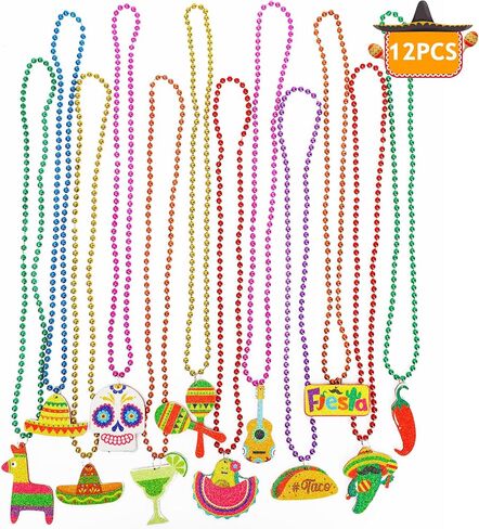 Cinco de Mayo Party Favors, 12PCS Fiesta Necklace Bead Favors, Mexican Metallic 12 Kinds of Cinco de Mayo Necklace Decorations, Fiesta Cactus Maracas Accessories for Mexican Carnival Party Supplies in Saudi Arabia