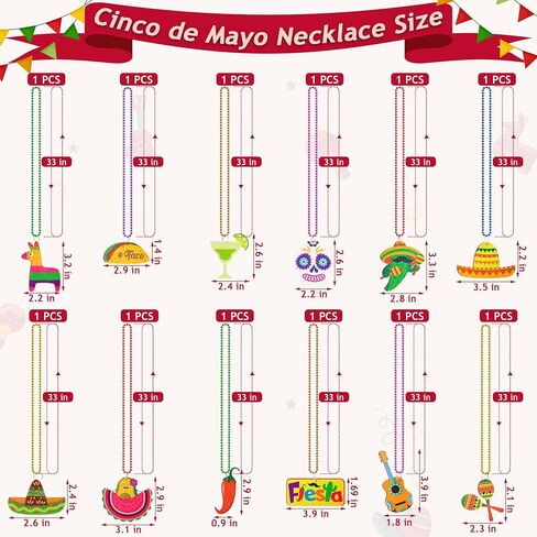 Cinco de Mayo Party Favors, 12PCS Fiesta Necklace Bead Favors, Mexican Metallic 12 Kinds of Cinco de Mayo Necklace Decorations, Fiesta Cactus Maracas Accessories for Mexican Carnival Party Supplies in Saudi Arabia