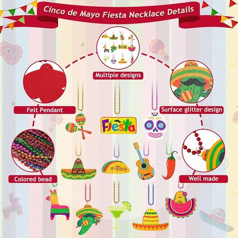Cinco de Mayo Party Favors, 12PCS Fiesta Necklace Bead Favors, Mexican Metallic 12 Kinds of Cinco de Mayo Necklace Decorations, Fiesta Cactus Maracas Accessories for Mexican Carnival Party Supplies in Saudi Arabia