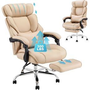 COLAMY Office Chair with Footrest, Ergonomic High Back Design Executive Computer Desk Chair with Removable Lumbar Pillow, 90-135°Reclining, Thick Bonded Leather for Home Office Work Comfort, Khaki