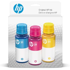 HP 31 Cyan, Magenta, Yellow Ink Bottles (3-Pack) | Works Smart Tank 5000, 6000, 7000 Series Smart Tank Plus 500, 600 Series | 9C228AN