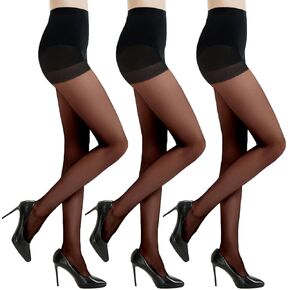 3 Pairs Women's Sheer Tights - 20D Balck Tights Non Rip Control Top Pantyhose for Reinforced Toes