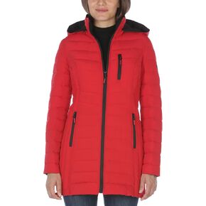 Nautica Women's 3/4 Midweight Stretch Puffer Jacket with Hood