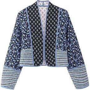 Flygo Women Cropped Puffer Jacket Cardigan Floral Printed Quilted Coats Lightweight Open Front Crop Padded Down Jackets