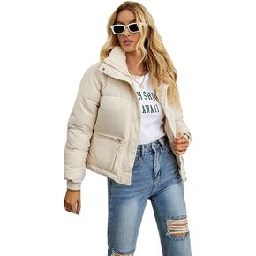 Women's Cropped Puffer Jacket Stand Collar Winter Warm Puffy Quilted Jackets Coats