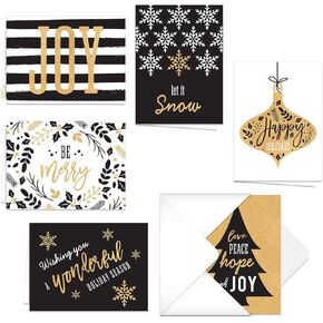 Canopy Street Faux Gold And Black Christmas Cards / 24 Holiday Greeting Cards / 6 Seasonal Designs / 4 5/8" x 6 1/4" Note Cards