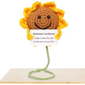 Positive Flower Mini Funny Knitted Wool Flower Toy with Positive Card Birthday Gifts for Women Men Mom Dad Friend Gifts for Anniversary Mothers Day Support Crochet Doll Room Decors (Sunflower)