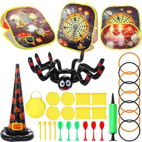 Jenaai 31 Pieces Halloween Party Games for Kids Adults Halloween Ring Toss Game Bean Bag Ghost Double Sided Board Cornhole Inflatable Spiders Halloween Party Favors Outdoor Indoor Games