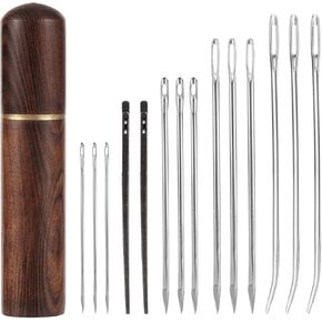 15pcs Leather Sewing Needles Kit, Large Eye Hand Stitching Needle Steel Bent Tapestry Needle Heavy Duty Leather Lacing Needle with Wooden Case for DIY Craft Sofa Bag Repair Projects