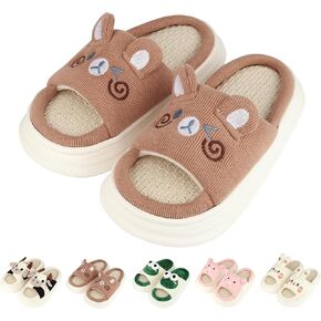 Kids Animal Slippers Boys Girls Warm House Slippers Soft Comfortable Cute Cartoon Cotton Linen Slip on Slides Memory Foam Open Toe Indoor Outdoor Shoes