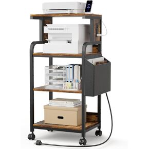 Tall Printer Stand with Storage Adjustable Shelf and Bag, 4-Tier Large Printer Table with Charging Station for Home Office, Printer Cart with Wheels for 3D Printer Shredder Scanner Fax