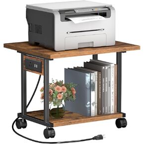 Printer Table, 2-Tier Under Desk Printer Stand with Charging Station, Printer Stand with Wheels, Printer Shelf for Small Spaces, Printer Cart for Home Office Rustic Brown