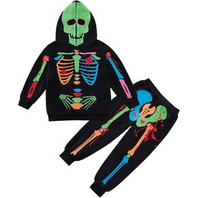 ESHOO Kids Halloween Outfit Toddler Boys Girls Skeleton Hoodie Sweatshirt Pants Set with Front Pocket Pullover Tracksuit